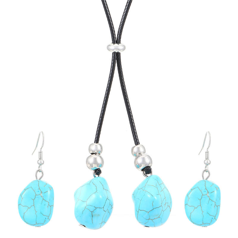 Women's Blue Stone Heart Pendant Necklace Earring Set Charming Love Heart-Shape Adjustable Wax Rope Necklaces Earrings Gift