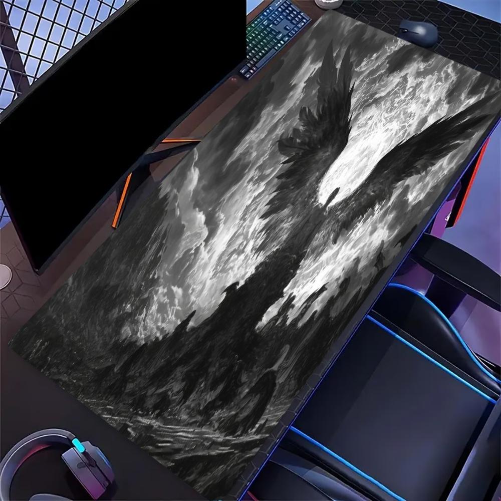 Black White Angel Wing Large Gaming Desk Mat Non Slip Rubber Mousepad Stitched Edge Laptop Keyboard Mat Dark Gothic Ink Art
