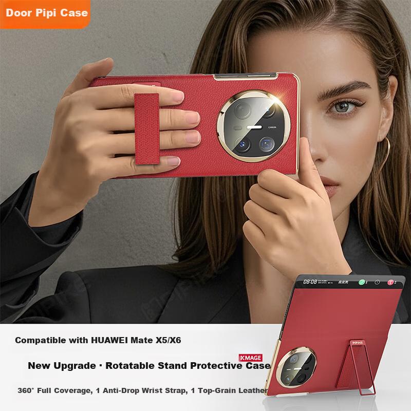 Pipike Rotating Stand Case for Huawei Mate X6, Full Coverage Dual-Side Leather Wrist Strap, Shockproof Lens Protection Flip Cover, Rui Red