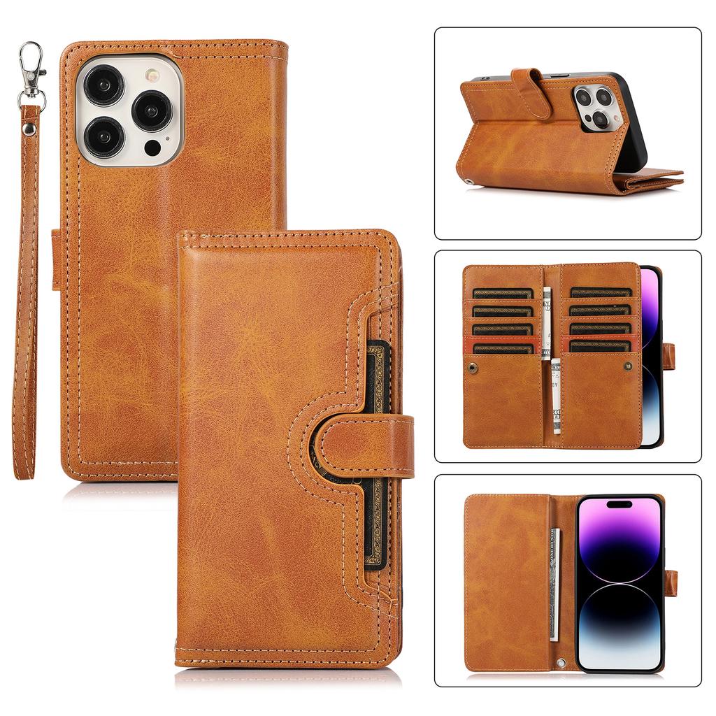 For iPhone 16 Pro Case Split Leather Magnetic Wallet Phone Protector with Wrist Strap