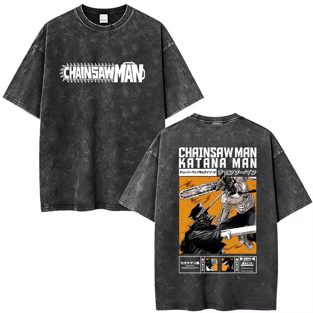 2026 Summer Hot Sale Anime Chainsaw Man Vintage Washed T-shirt Men Women Hip Hop Punk Streetwear Oversized T-shirt
