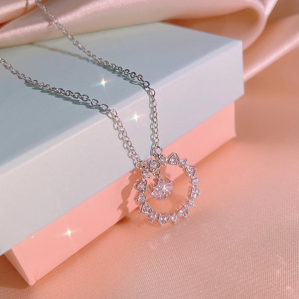 Heart Cut Cubic Zirconia Open Circle Floating Center Stone Pendant Women Clavicle Necklace