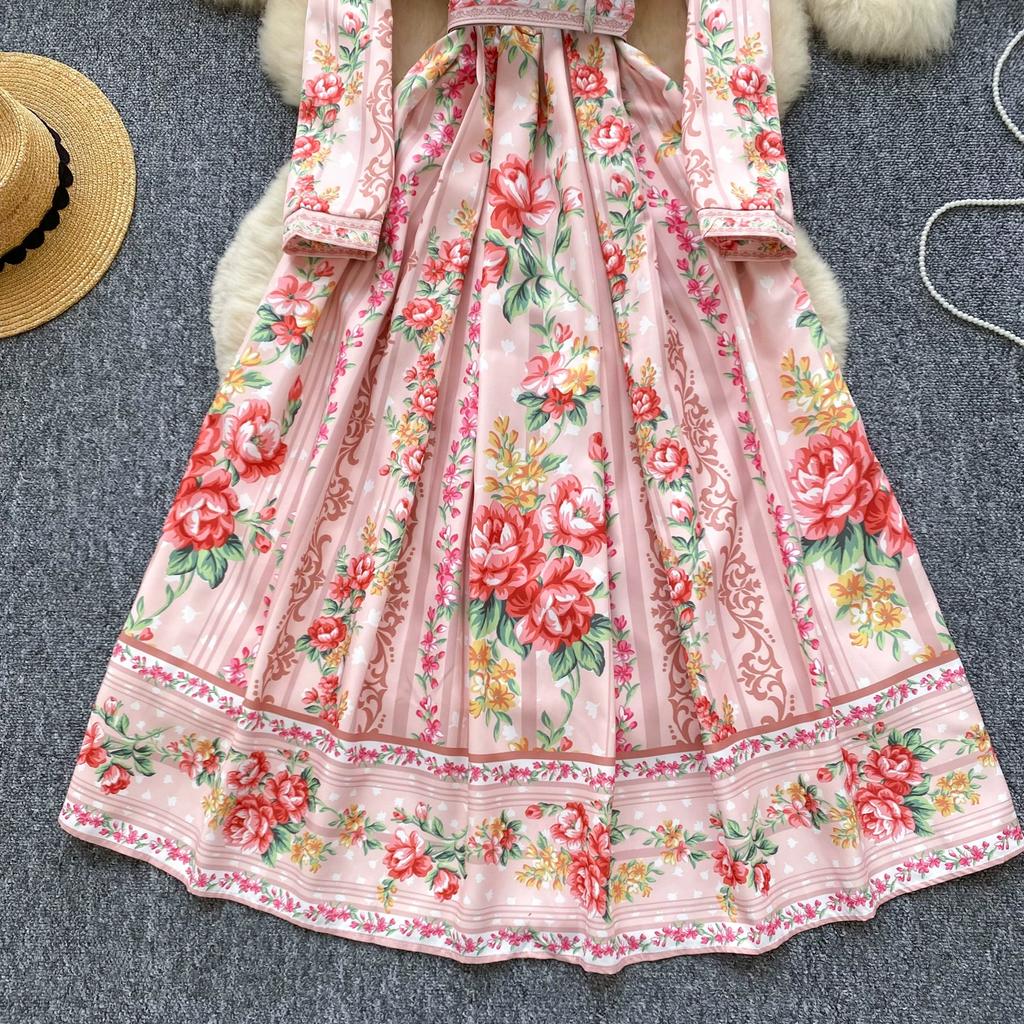 Spring Autumn Women Elegant Notched Collar Designer Print Long Maxi Holiday Party Blazer Dresses