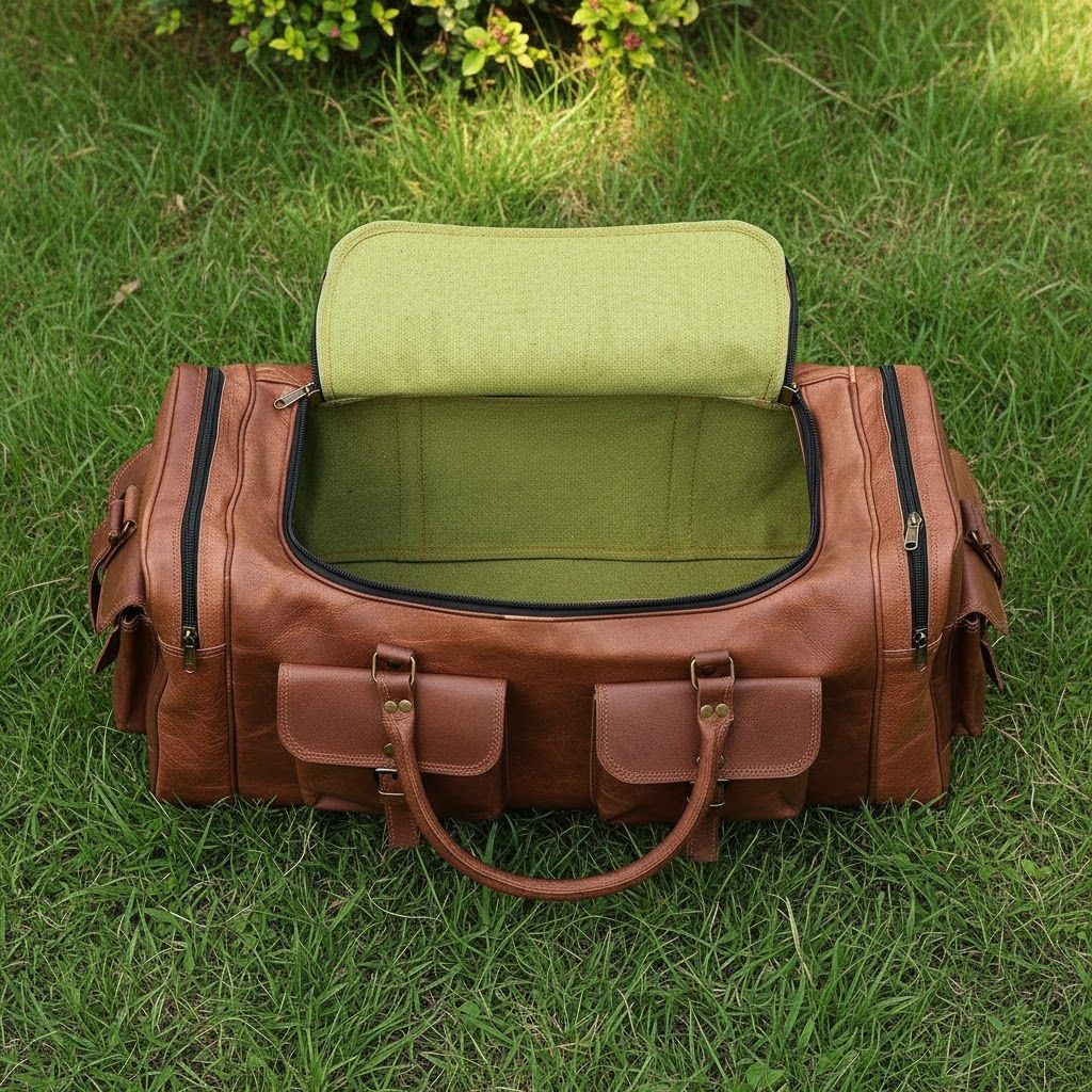 Leather 24 Inch U Zip Holdall Luggage Handmade Duffel Bag Carryall Weekender Travel Overnight Gym Sports Carry On Duffel Bag For Men And Women
