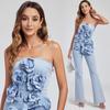 Summer Fashion Women Sexy Strapless 3D Rose Flower Denim Jumpsuits Flare Jeans Rompers