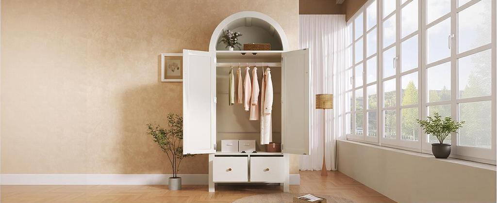 Kleiderschrank 181x78x45 cm mit Rattan-Geflecht, Landhausstil Weiß, Halbkreisförmiges Regal, 2 Türen mit Magnetverschluss, 2 Schubladen, Kleiderstange, Kippsicherung