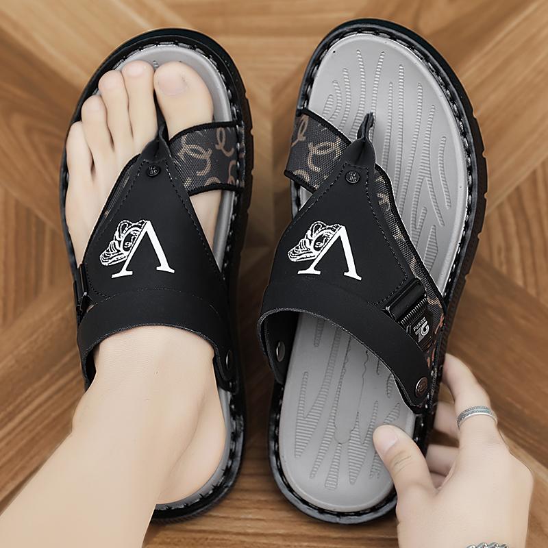 Men Flip Flops Hiking Sandals Leather Outdoor Summer Grey Black Wide Palm Blue Beach Shoes Plus Size Open Toe Plus Size