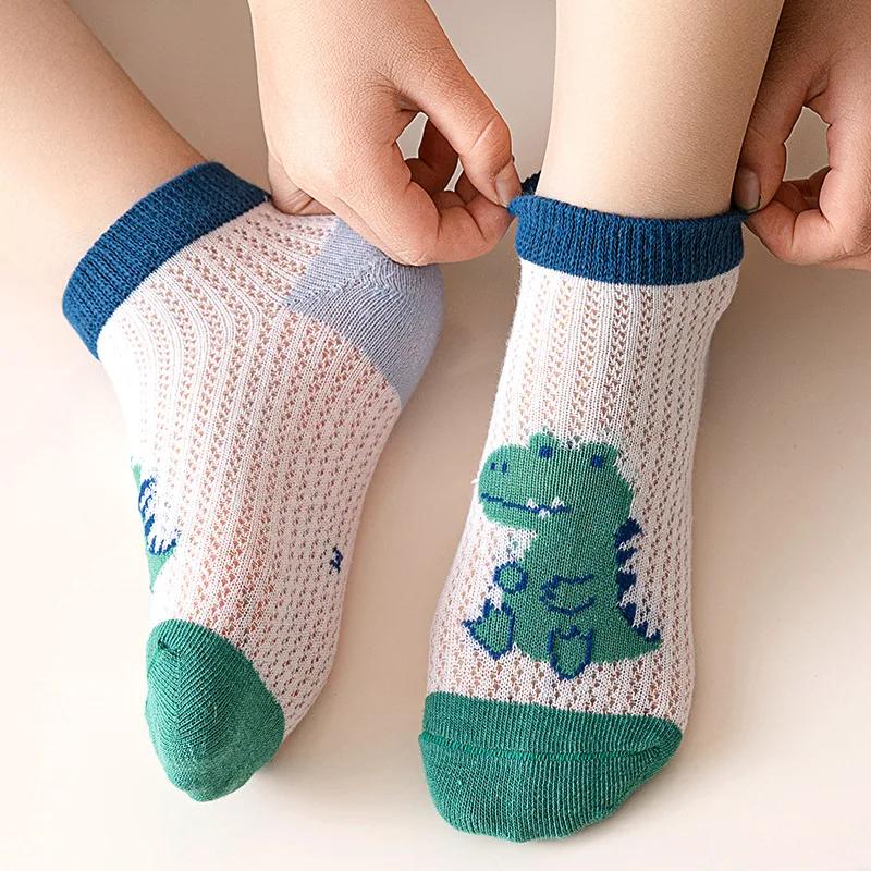 5Pairs/Set Cartoon Dinosaur Print Baby Socks Summer Thin Mesh Breathable Sport Sock Cute Stripe Kids Boy Girl Casual Socks
