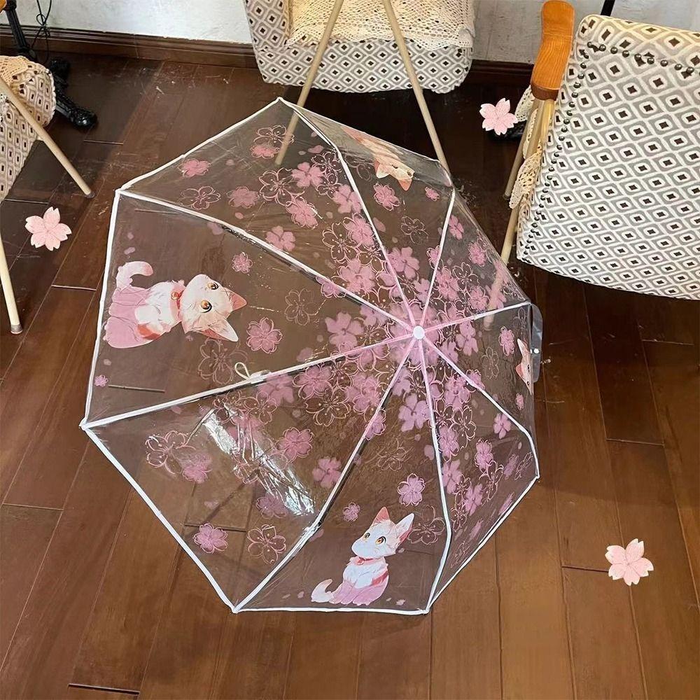 Japanese Style Manually Transparent Umbrella Three-Fold Sakura Folding Umbrella Cat Photographing Prop Rain Umbrella Raining