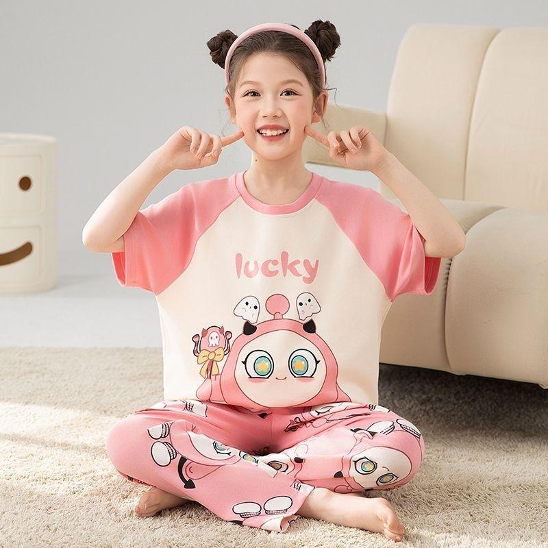 Girls Cotton Pajama Set Short Sleeve Long Pants Cartoon Print Sleepwear Kids Ages 4-12