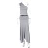 European and American women's solid color slanted shoulder sleeveless crop top, high waist pleated skirt two-piece set