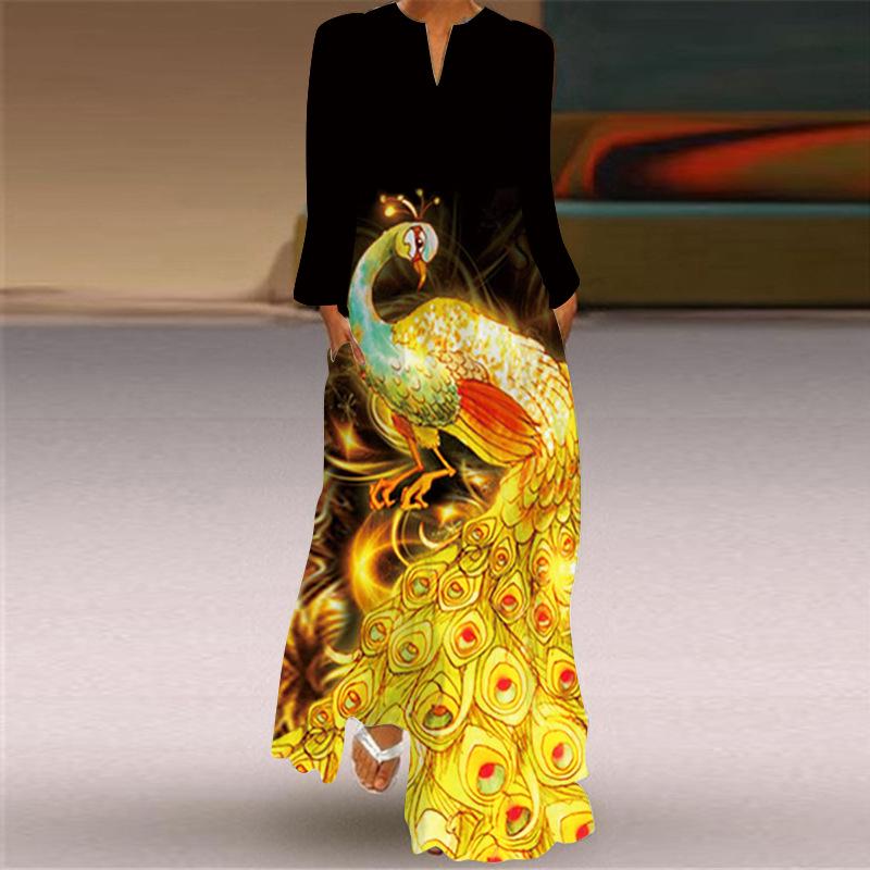 2024 Autumn European & American V-Neck Long-Sleeve Sexy Printed Maxi Dress