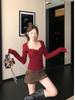 Chic Winter Women's Square Neck Slimming Knot Waist Long Sleeve Top