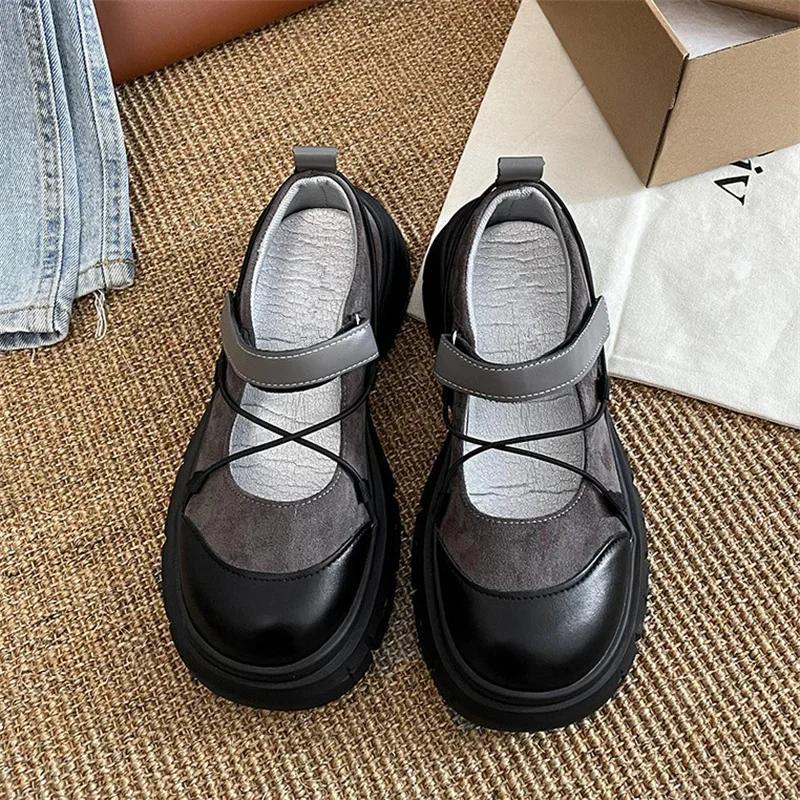 Fashion Round Toe HOOk&LOOP Mary Janes Women Shoes Non-Slip Thick Bottom Ladies Shoes Retro Height Increasing Casual