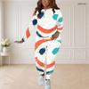 Women Plus Size Beige Green Printed Two Piece Set Round Neck Long Sleeve Top And Fitted Pants