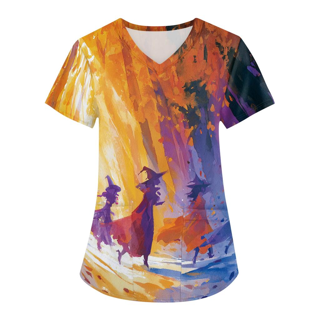 Women's Halloween Printed V-Neck Short Sleeve Scrub Top with Pockets