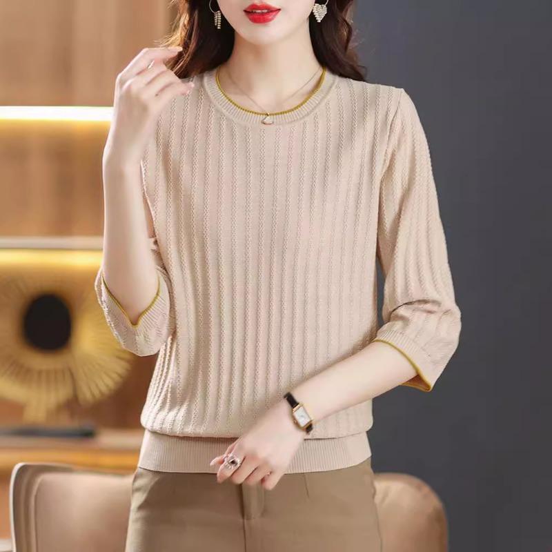 

pink round neck contrast trim elbow sleeve textured knit top for women onesize абрикосовий