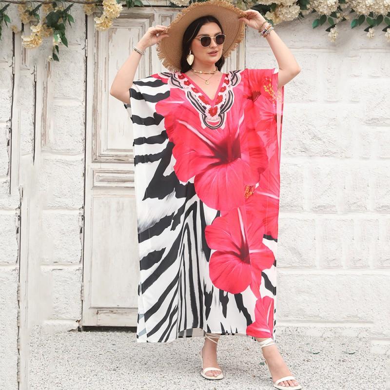 Boho V-Neck Beach Cover Up Dress Women Plus Size Lightweight Swimwear Overlay
