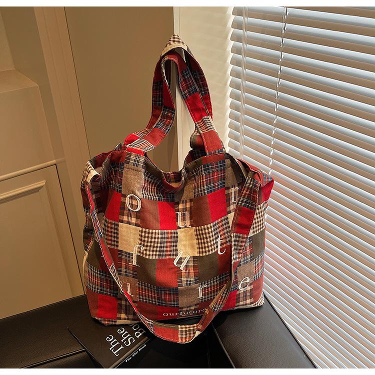 Plaid Canvas Bag Women's New Summer Lazy Wind Crossbody Shoulder Bag Large Capacity Commuter Tote Bag