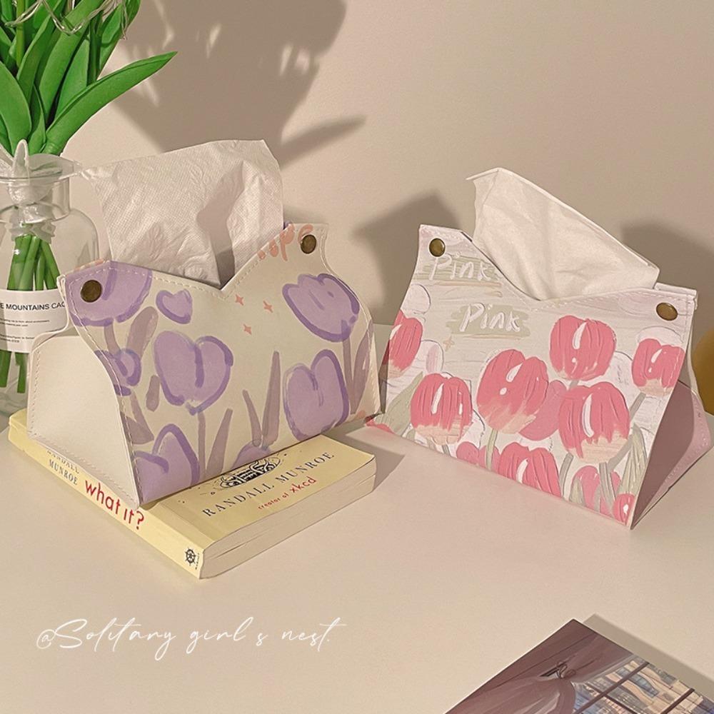 Tulip Print Tissue Box PU Living Room Paper Drawer New Storage Box