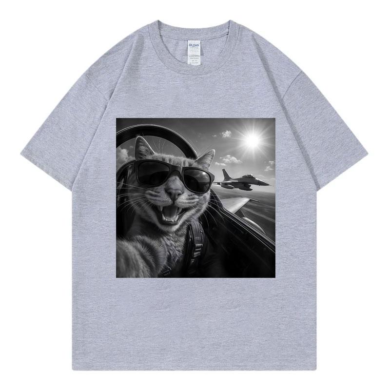 Cat Pilot Selfie Funny Meme Graphic T Shirts High Street Fashion Trend Short Sleeve Tshirts Unisex Unisex Casual 100cotton Tshirt
