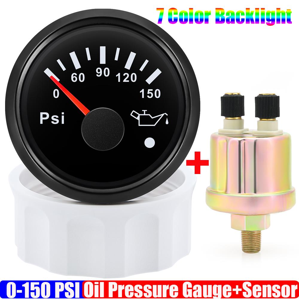 Wasserdichter Auto 2"52mm Öldruckanzeige+Sensor 7 Farben LED 0~150PSI Öldruckmesser mit Blitzalarm Boot Yacht 12V24V