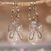 1 Pair Women's Sparkling Crystal Pendant Earrings Bow Shaped Design Gold Natural Zircon Pendant Elegant Fashionable Earrings