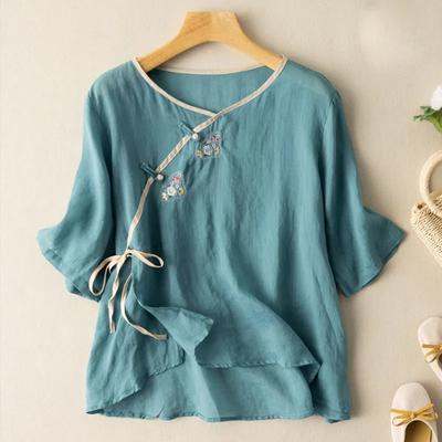 Women's Summer Five-quarter Sleeve Literary Plate Button Shirt Chinese Style Temperament Elegant Blouse