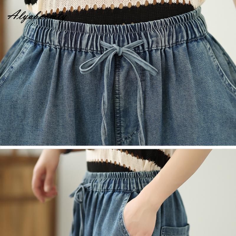 Jeans a gamba larga da donna, modello coreano, primavera estate, con coulisse, vita alta, ricami floreali, larghi, in denim, vintage, eleganti, jeans blu da donna