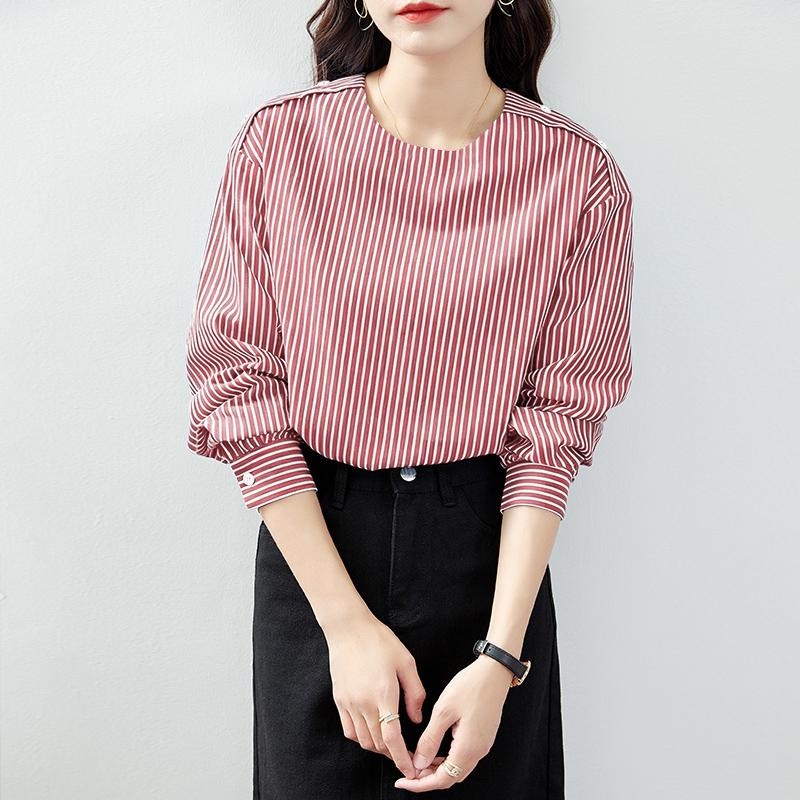 ZANZEA Women Casual Round Neck Loose Long Sleeve Stripe Blouse