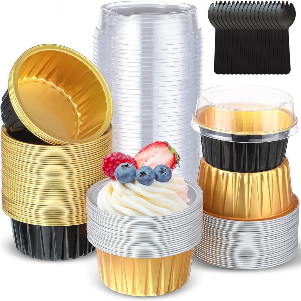 Dessert Cups With Lids, 60 Pieces Gold Aluminum Foil Baking Cup Holders, Cupcake Baking Practical Ramekins Transparent Pudding Cups