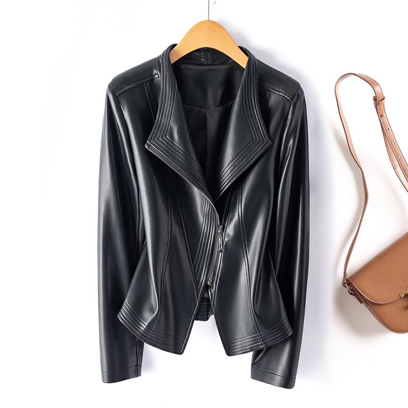 Women's Plus Size Slimming Leather Motorcycle Jacket with Lapel, Multi-color