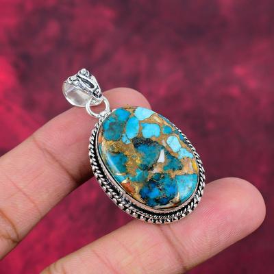 Ciondolo fatto a mano con pietra preziosa turchese rame blu, ciondolo in argento sterling massiccio 925, gioielli antichi, per regalo di fidanzamento