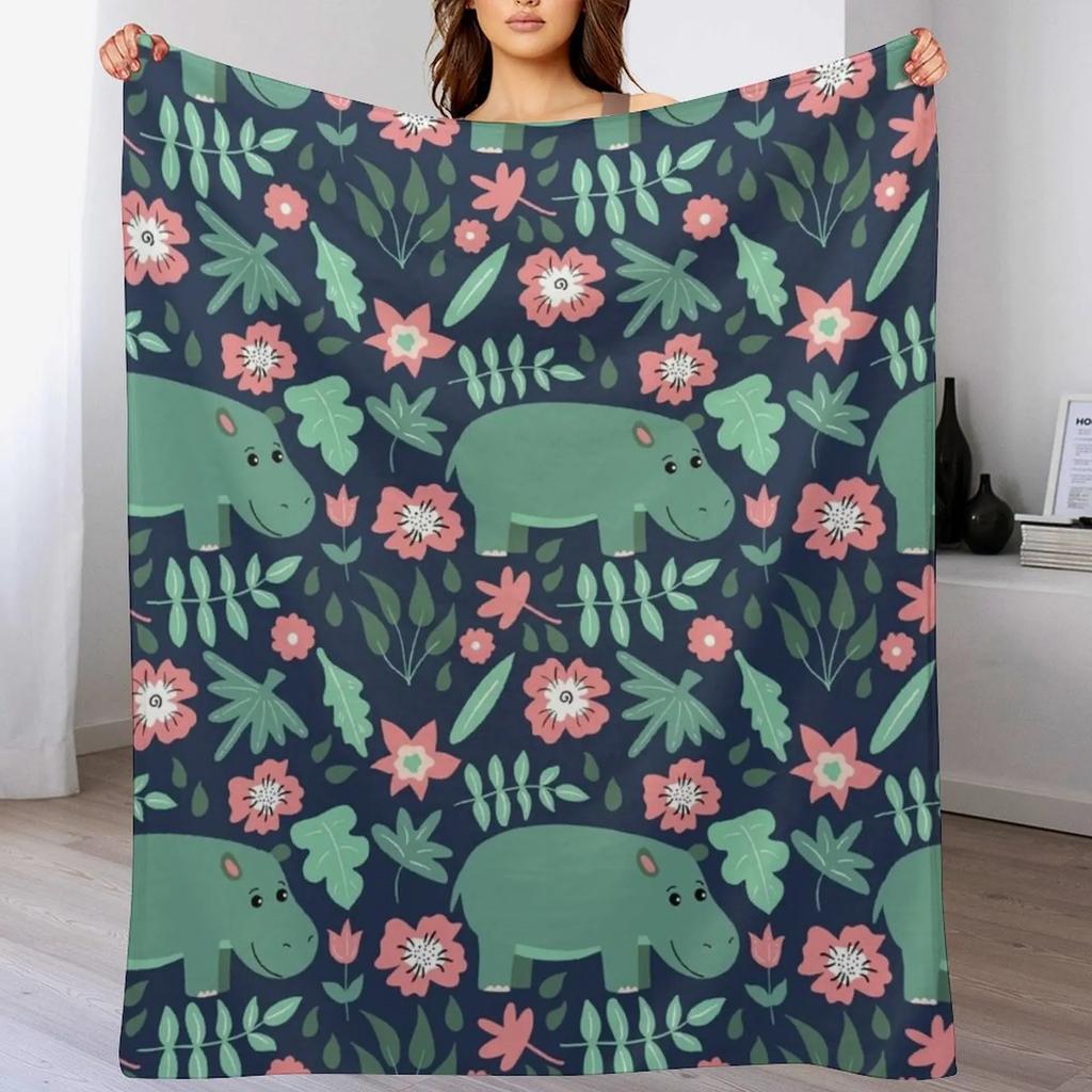 Green Hippo Floral Pattern Throw Blanket Foldable Soft Warm Blanket for Outdoor Use