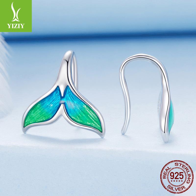 Mermaid Tail Ear Hook Earrings, Romantic Summer Colorful Fishtail S925 Sterling Silver Earrings