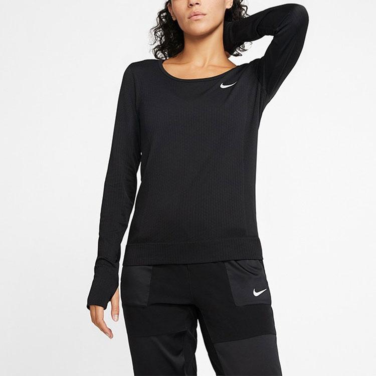 Nike Solid Color Crew Neck Pullover With Brand Logo Print Long Sleeve T-Shirt Women Tops Black BV3919-010