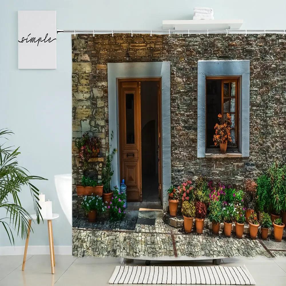 Greece Street View Shower Curtain Country Retro Town Spring Green Plants Flowers Vines Scenery Bathroom Decor With Hook Screen