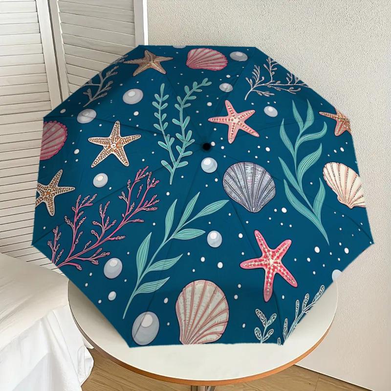 

1pc Oceanic Seashells Starfish Pearls Pattern Umbrella with Plastic Handle,Suitable for All Seasons Home Travel Outdoor UmbrellaDD1595