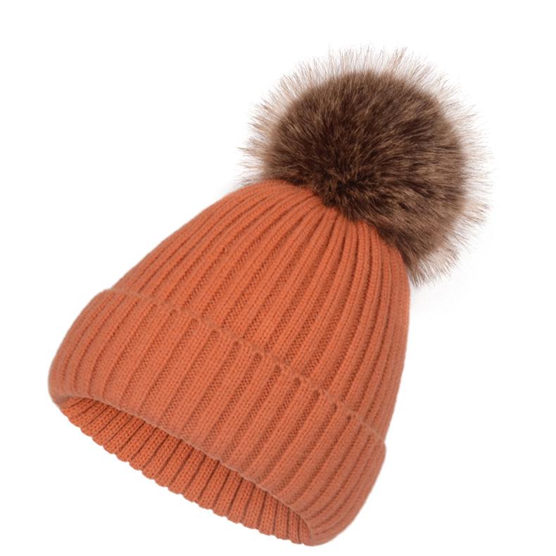 Gorro de Punto de Hilo Retorcido de Terciopelo Europeo y Americano con Pompón de Piel Sintética de Mapache - Estilo Versátil para Padres e Hijos