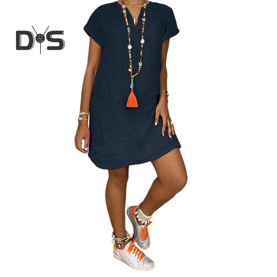 Letnia sukienka z dekoltem w kształcie litery V, rozcięciem, luźna, nieregularna, z krótkim rękawem, jednokolorowy sweter do kolan, na co dzień, na co dzień, sukienka Midi