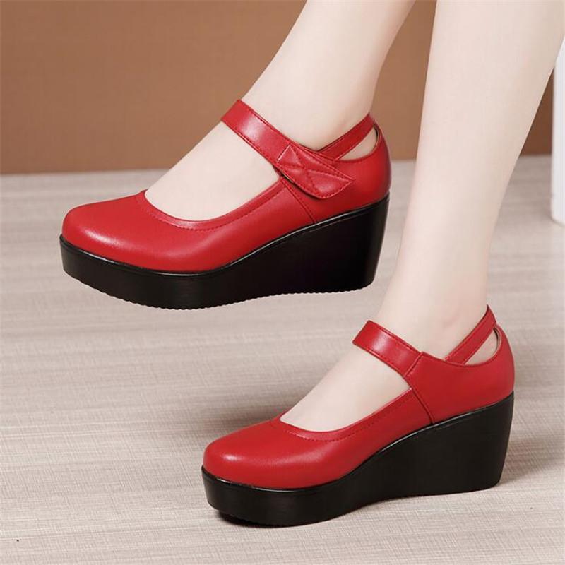 Spring Fashion Round Toe Wedge Pumps Women Shoes Thick Bottom Leather Shoes Women Platform Pumps Ankle Strap Black High Heels
