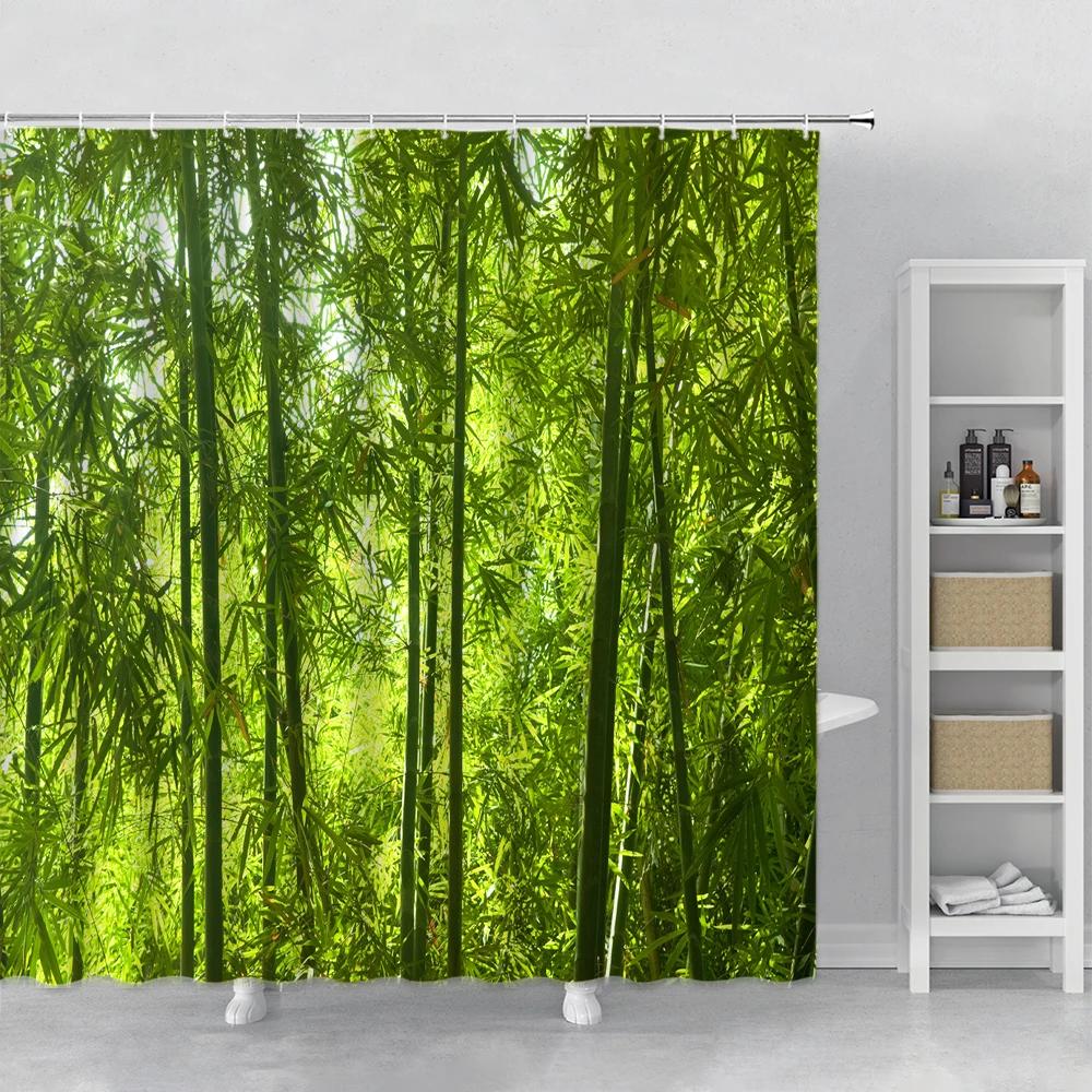 Forest Landscape Shower Curtain Sunshine Waterfall Green Bamboo Mist Jungle Autumn Scenery Bathroom Curtains Bathtub Decor Hooks
