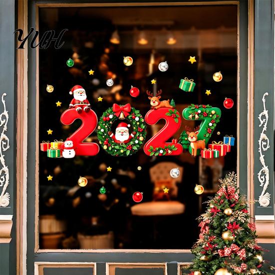 Santa Claus Reindeer Stickers 2027 Christmas New Year Window Clings, Gift Ball Static Holiday Party Decorations Decals, PVC Removable Glass