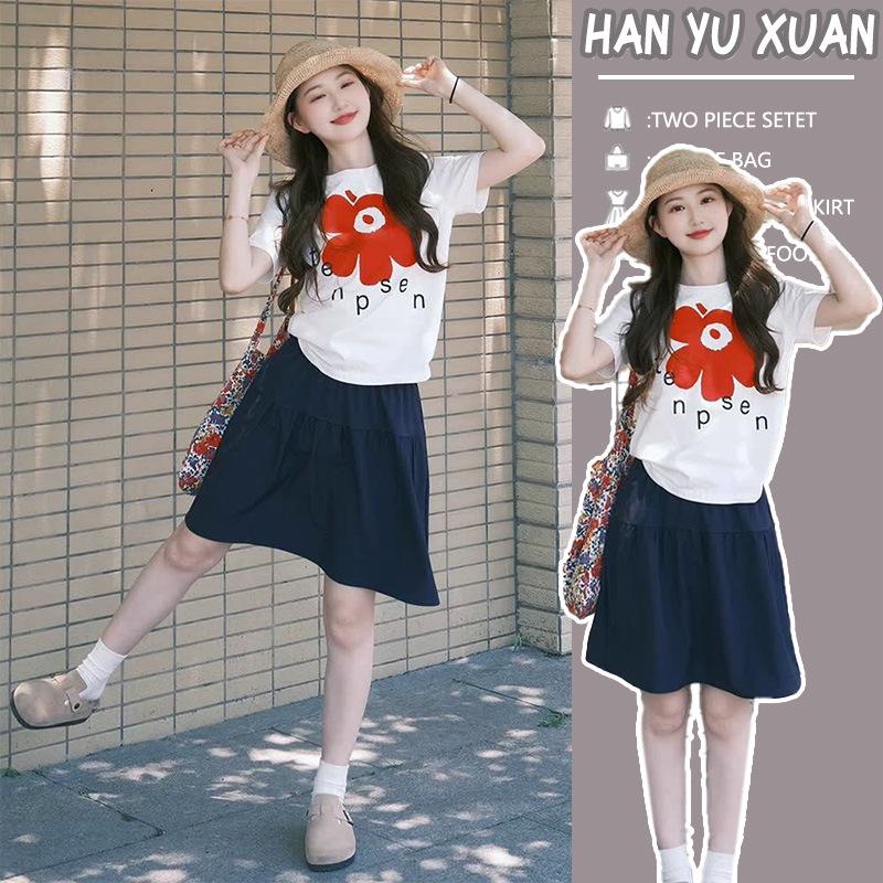 2026 Summer Maternity Outfit: White Printed Cotton T-Shirt & Blue Skirt Set XL
