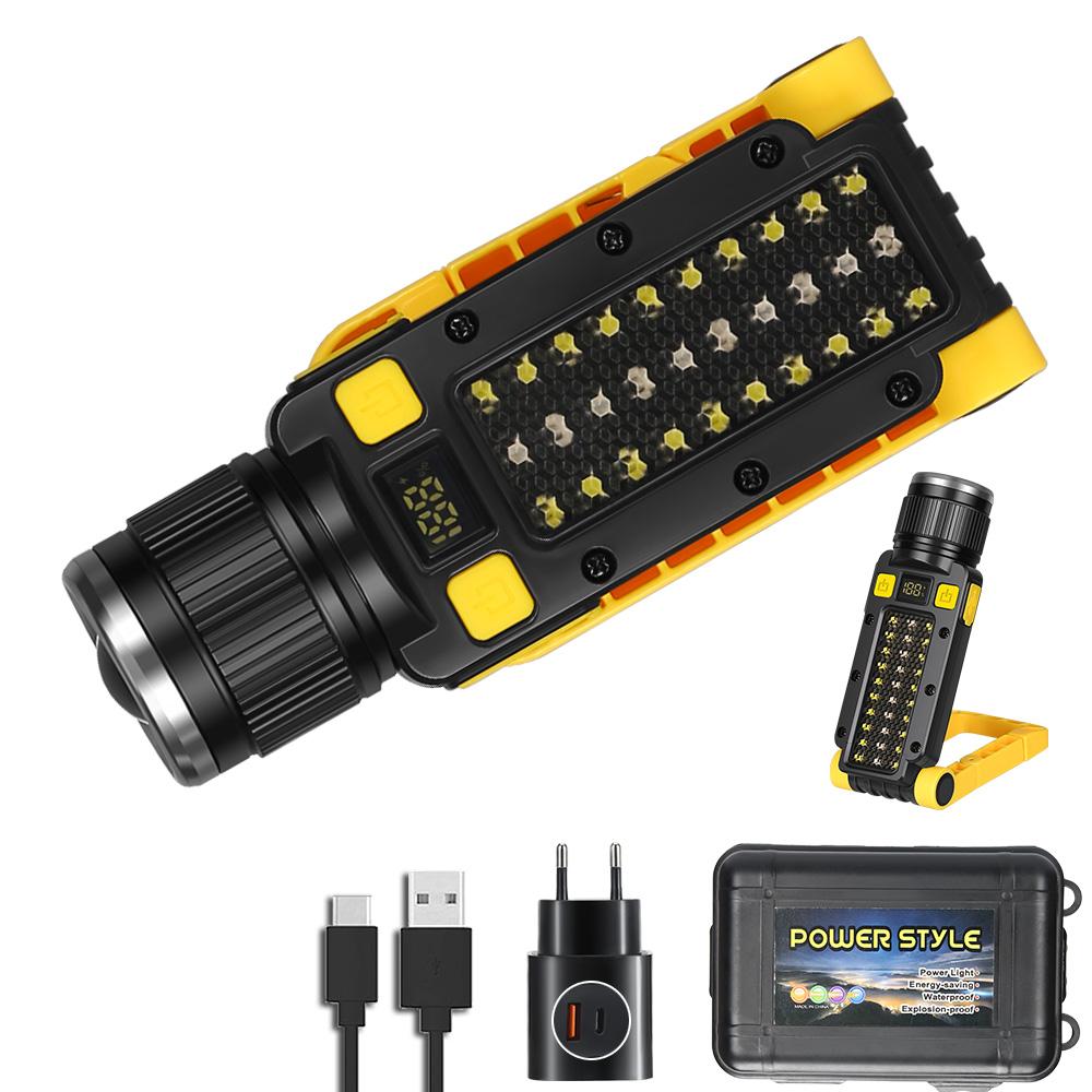 Portable LED COB Work Light Rechargeable Flashlight Power Bank Magnetic Waterproof Camping Foldable Lantern with Power Display