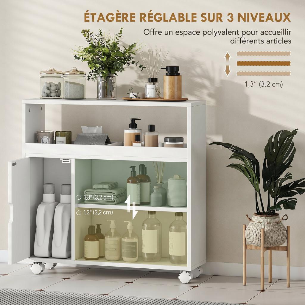 Bathroom Cabinet on Casters, Tempered Glass Doors, Open Compartment, 71 x 20 x 70 cm, White