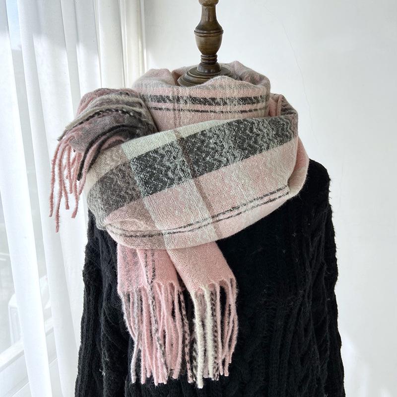 Women's High-End Plaid Tassel Shawl - Imitation Cashmere, Thickened & Warm for Autumn/Winter