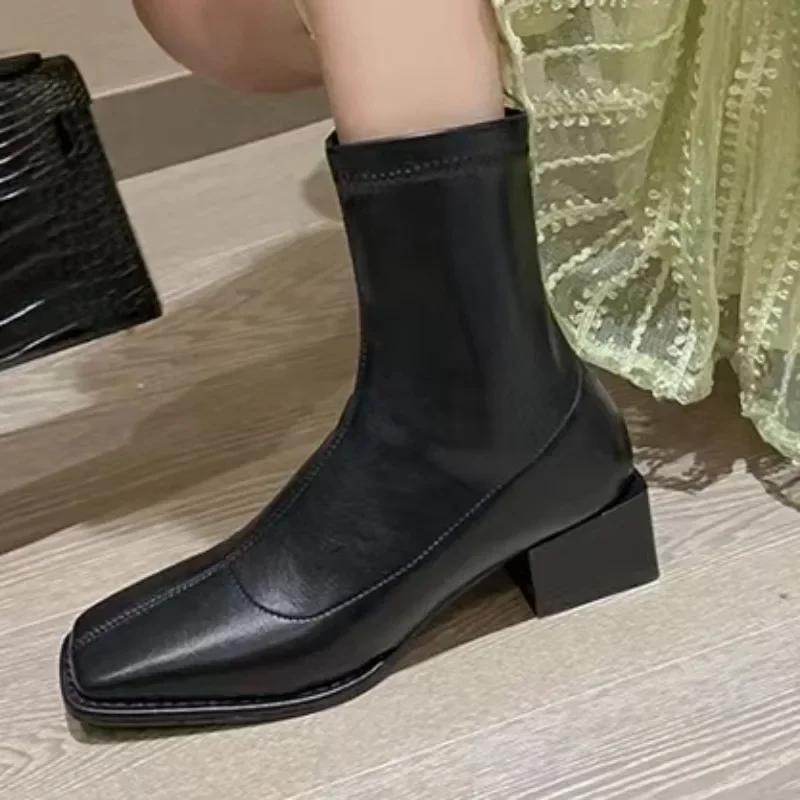 Fashion Winter Women's Chunky Heel mid Calf Boots Zipper Square Toe Ankle Boots For Women Solid Short Barrel Fashion Ladies Shoes 2025