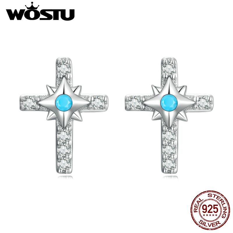 

WOSTU Аутентичные серьги-гвоздики из стерлингового серебра 925 пробы с ярким крестом для женщин, изысканные бирюзовые украшения, подарок на свадьбу, годовщину 925 silver