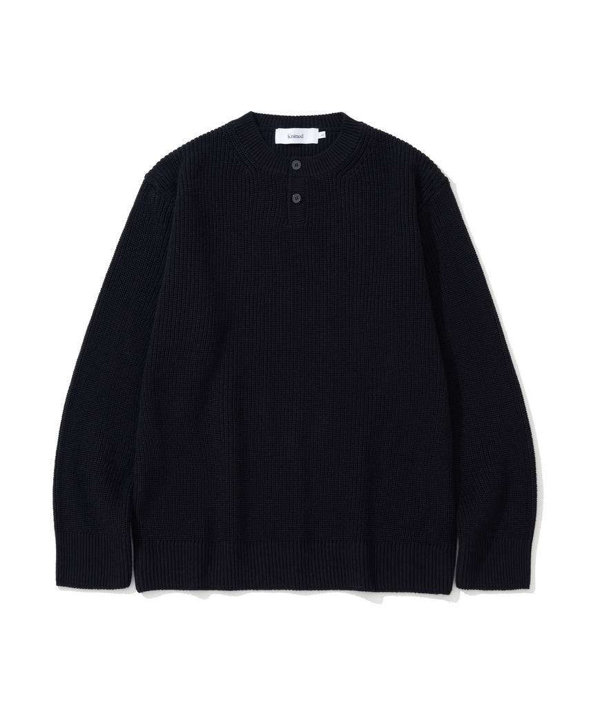 KNITTED Cotton Henley Neck Waffle Knit Black